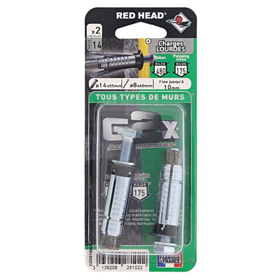 2 Chevilles G2X Ø14x55mm + Vis TH Ø8x60mm - RED HEAD