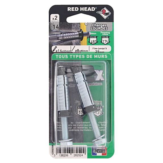2 Chevilles G2X Ø14x55mm + Vis TH Ø8x80mm - RED HEAD