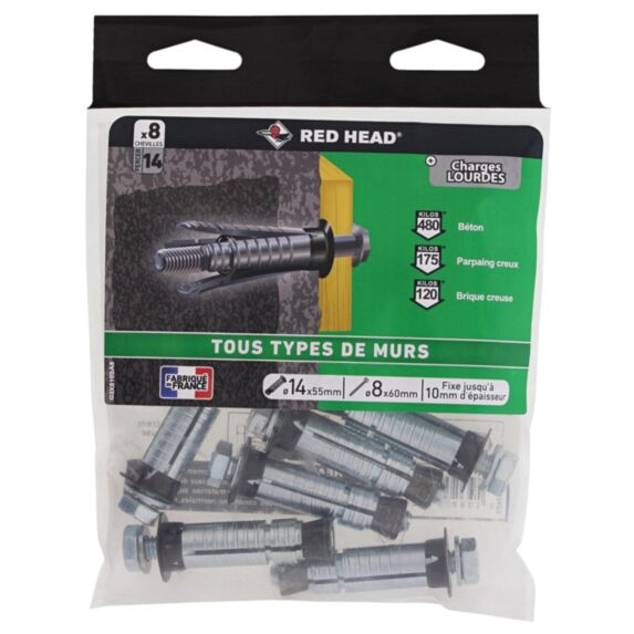 Sachet de 8 chevilles  G2X Ø14x55mm + vis TH Ø8x60mm - RED HEAD