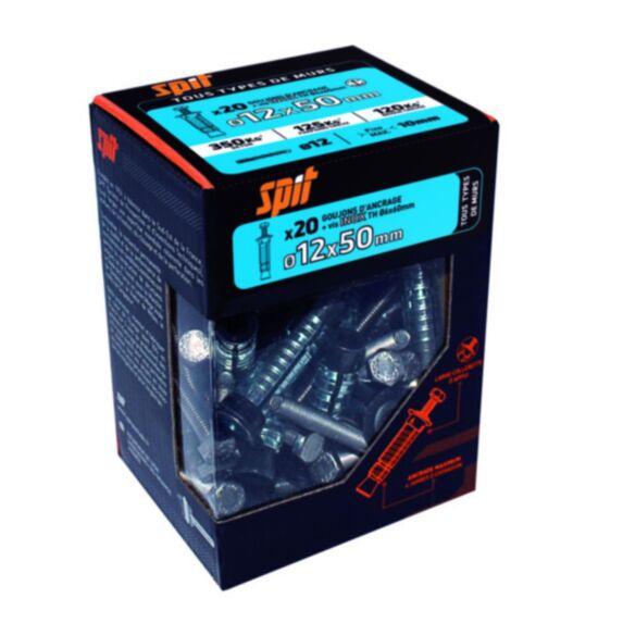 20 goujons d'ancrage PRIMA Ø12x50mm + vis TH Ø6x60mm Inox - SPIT