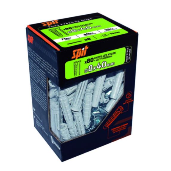 80 chevilles nylon universelles Ø8x40mm + vis TF Ø5x50mm - SPIT