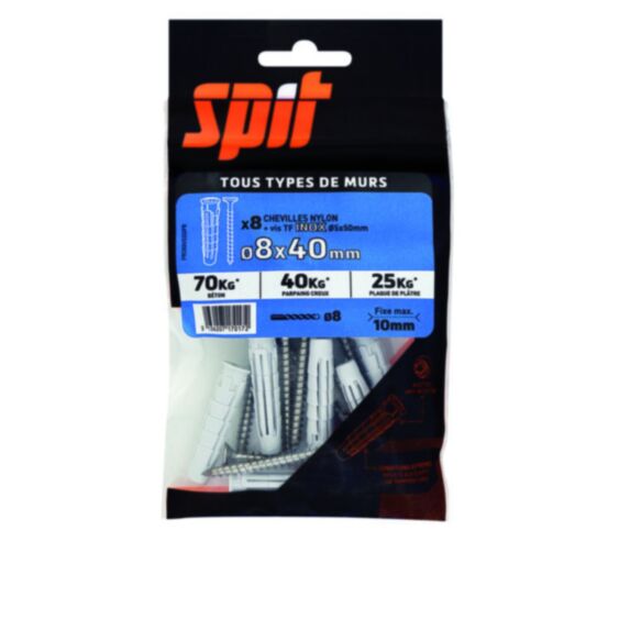 8 chevilles nylon universelles Ø8x40mm + vis TF Ø5x50mm Inox - SPIT