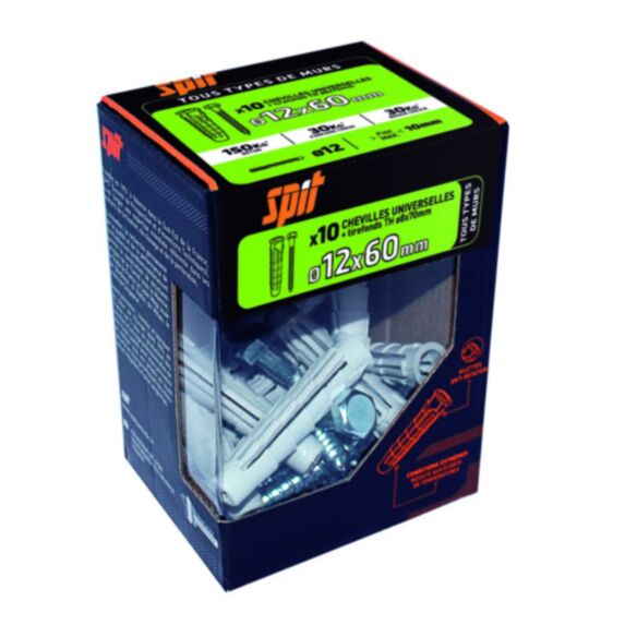 10 chevilles nylon universelles Ø12x60mm + tirefond TH Ø8x70mm - SPIT