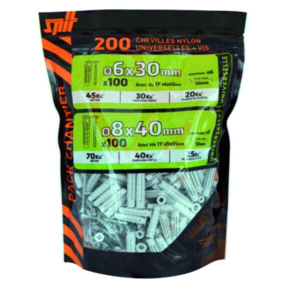 200 chevilles nylon universelles Ø6x30mm + Ø8x40mm + vis TF - SPIT