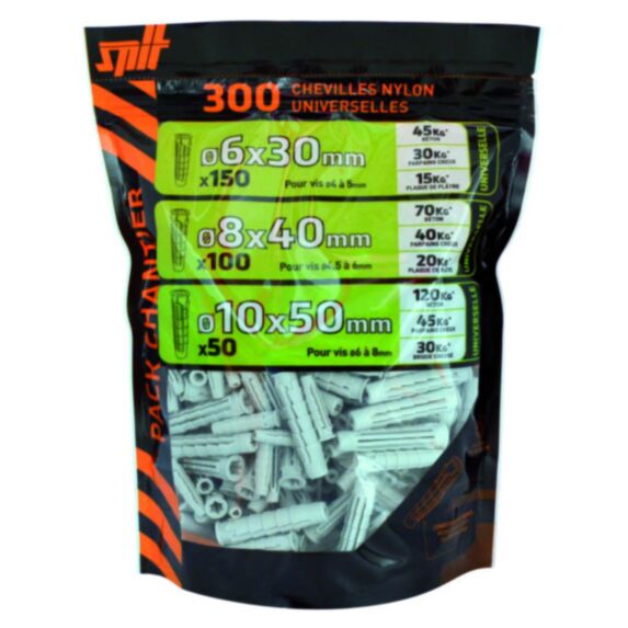 300 chevilles nylon universelles Ø6x30mm + Ø8x40mm + Ø10x50mm - SPIT