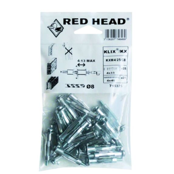 25 Chevilles Klix Métalliques Ø4x33mm + Vis Ø4x40mm - RED HEAD