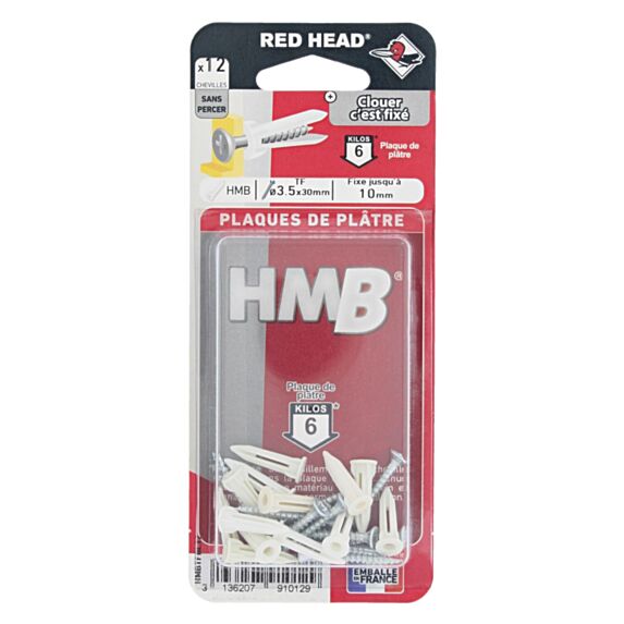 12 Chevilles HMB + Vis TF 3,5x30mm - RED HEAD