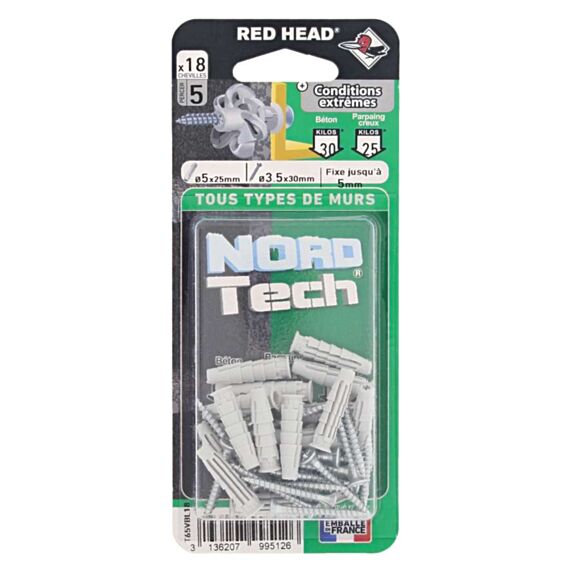 18 Chevilles Nordtech Conditions Extrêmes Ø5x25mm + Vis TF Ø3,5x30mm - RED HEAD