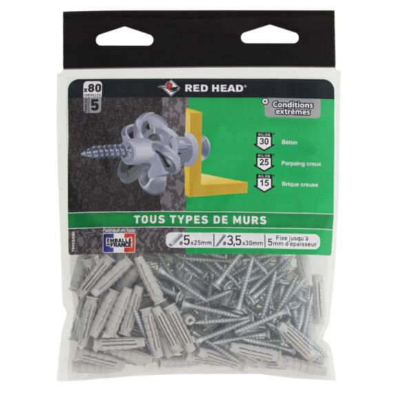 80 Chevilles Nordtech Ø5x25mm + Vis TFø3,5x30mm - RED HEAD