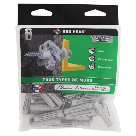 30 Chevilles Nordtech Ø8x40mm + Vis TF Nylon Universelle - RED HEAD