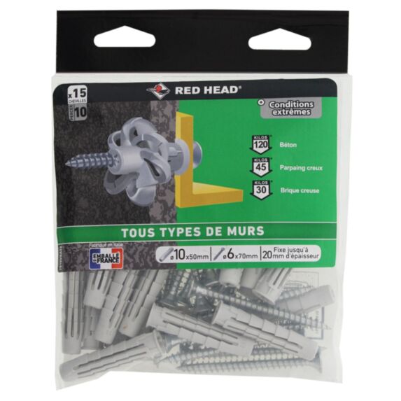 15 Chevilles Nordtech Ø10x50mm + Vis TF Ø6x70mm - RED HEAD