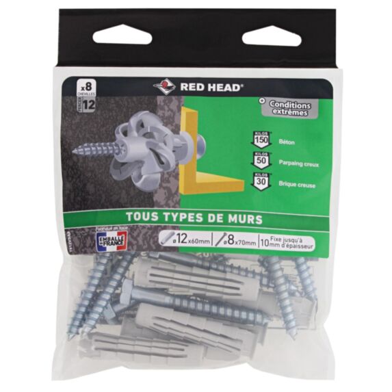 8 Chevilles Nordtech Ø12x60mm + Tirefond Ø8x70mm - RED HEAD