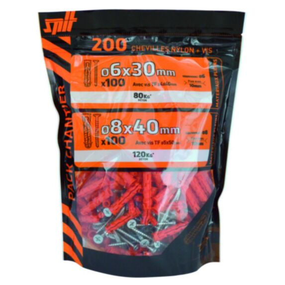 200 chevilles nylon NYL Ø6x30mm + TF Ø4 + Ø8x40mm +TF Ø5 - SPIT