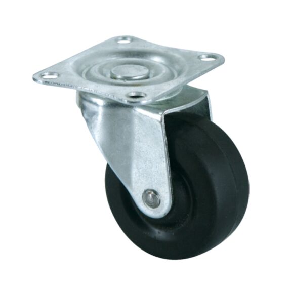 Roulette économique à platine pivotante caoutchouc noir Ø50mm charge supportée 30 kg
