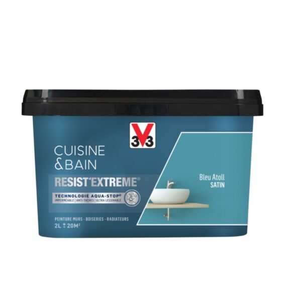 Peinture Cuisine & Bain Résist'Extrême bleu atoll satinée 2L - V33