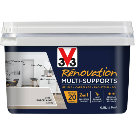 Peinture Rénovation Multisupport gris porcelaine satin 0,5L - V33