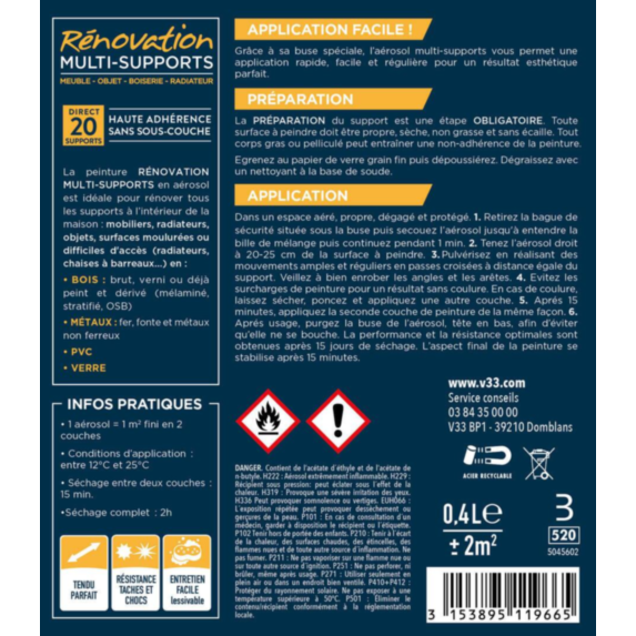 Peinture Rénovation Multisupport fonte satin aérosol 400 ml - V33