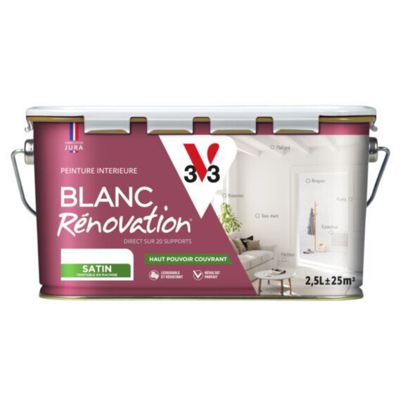 Peinture murs et plafonds blanc rénovation satin 2,5L - V33