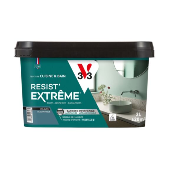 Peinture Cuisine et bains Resist Extrême bleu pétrole velours 2L - V33