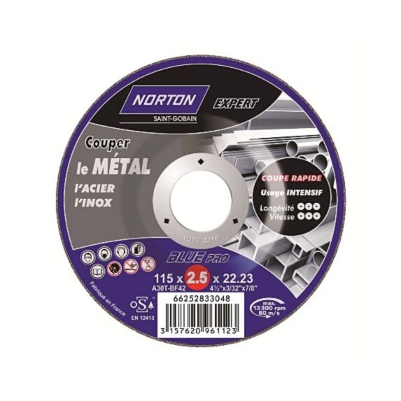 Disque de tronçonnage Métal/Inox 115x2,5x22,2mm - NORTON