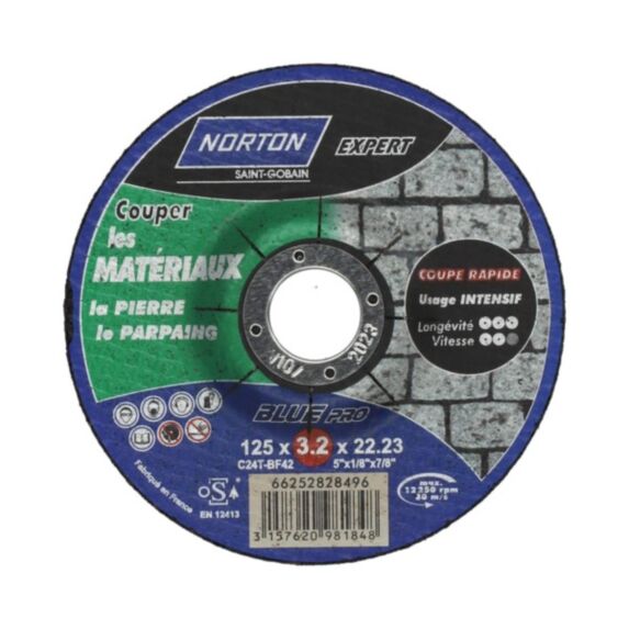 Disques tronçonnage pierre et parpaing Ø125x3,2x22,2mm - NORTON
