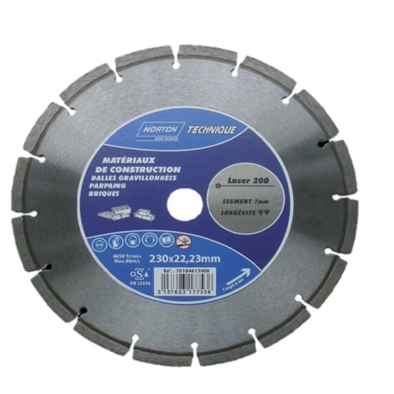 Disque diamant 230x22,2 découpe matériaux construction - NORTON