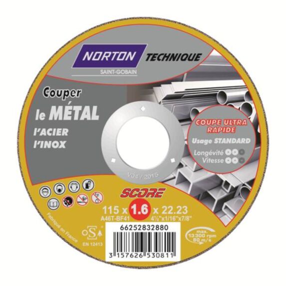 Disques de tronçonnage ultra fin Métal/Inox 115x1,6x22,2mm - NORTON