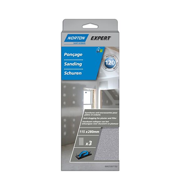 3 Garnitures Ponçage plâtre sur cale 115x280mm Grain 120 - NORTON