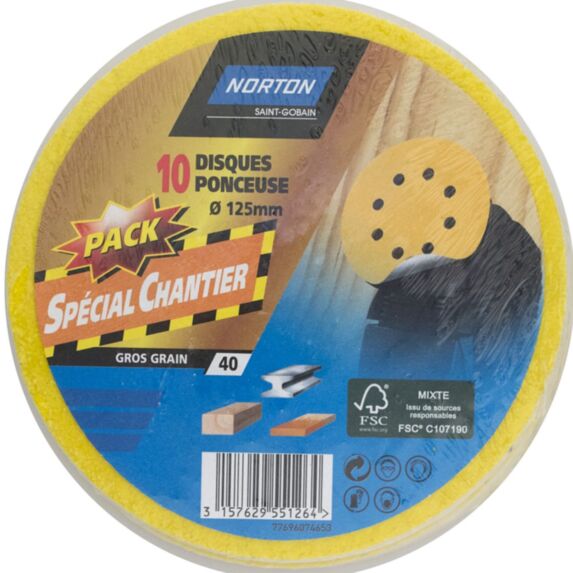 Pack chantier 10 disques pour ponceuse Ø125mm Grain 80 - NORTON