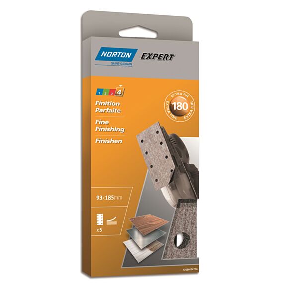 5 Patins auto-agrippants ponceuse vibrante 93x185mm Grain 180 - NORTON