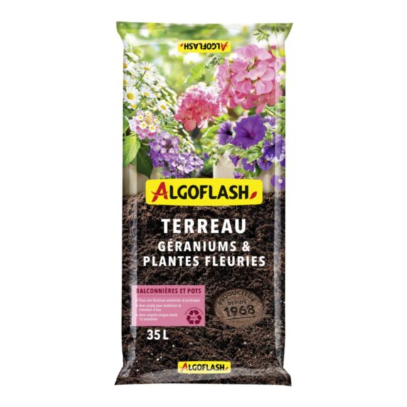 Terreau Géraniums et Plantes Fleuries à Rétention d'Eau d'Origine Naturelle 35L - ALGOFLASH