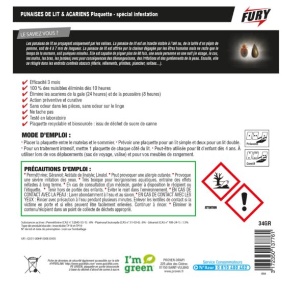 Plaquettes punaises de lit & acariens 34g - FURY