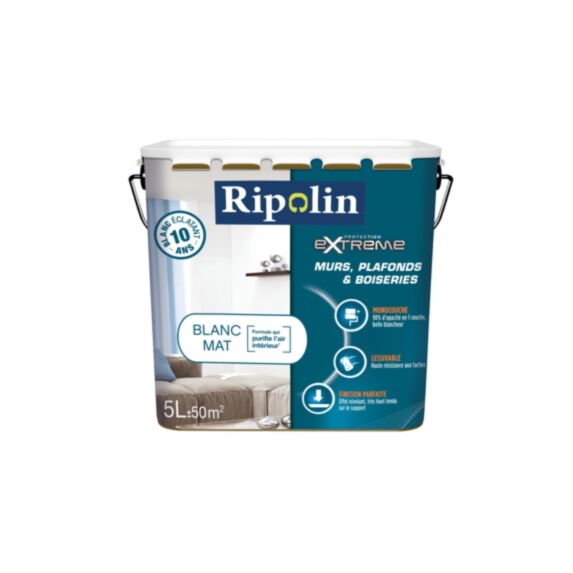 Peinture Ultra-Couvrante Extrême Mur&Plafond blanc mat 5L - RIPOLIN