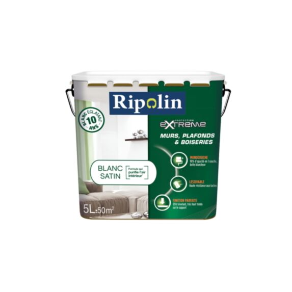 Peinture Ultra-Couvrante Extrême Mur&Plafond blanc satin 5L - RIPOLIN