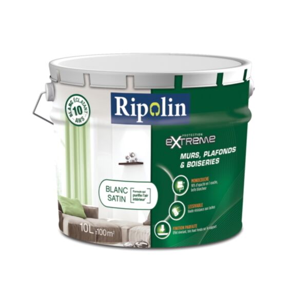Peinture Ultra-Couvrante Extrême Mur&Plafond blanc satin 10L - RIPOLIN