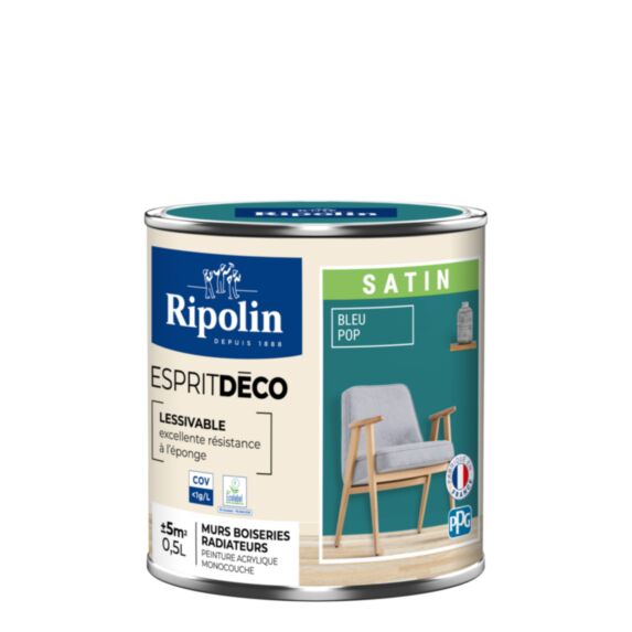 Peinture Murale Toutes Pièces Satin Bleu Pop 0,5L - RIPOLIN