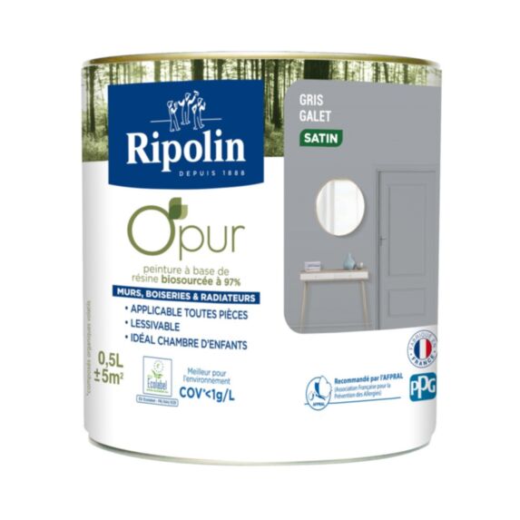 Peinture O'Pur Satiné Gris Galet 0,5L - RIPOLIN