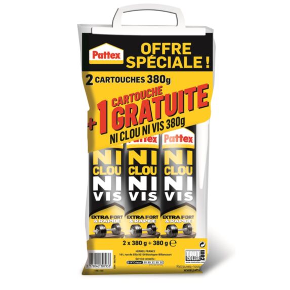 2+1 Cartouche colle Extra Forte Ni Clou Ni Vis 380gr - PATTEX