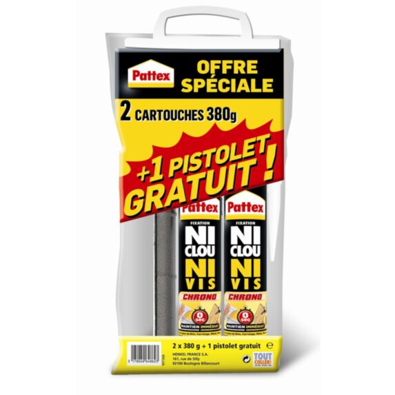 Colle Ni Clou Ni Vis Chrono 2x380gr + 1 Pistolet - PATTEX