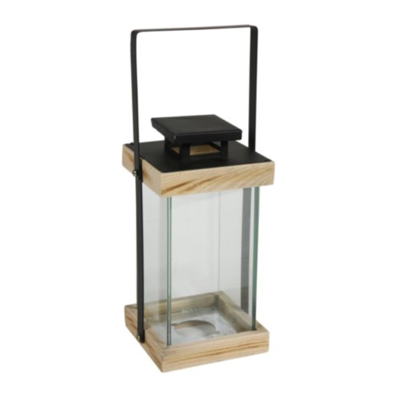 Lanterne décorative 13,5 x 12 x 24,5 cm verre / métal noir / bois - OSTARIA