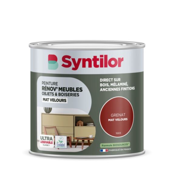 Peinture rénov meubles et objets grenat mat velours 0,5L - SYNTILOR