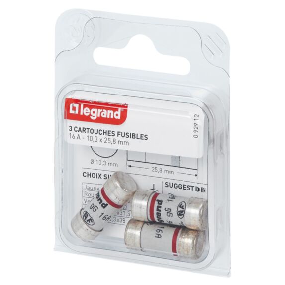 cartouche fusible pour porte-fusible - sans témoin - 16 a - 3680w - 10,3 x 25,8 - LEGRAND