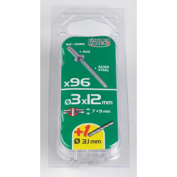 rivets aveugle 3x12 x96 pcs alu acier tete plate - FISCHER DAREX