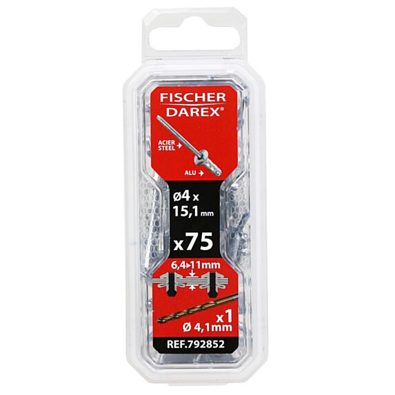 rivets aveugle 4x15.9 x75 pcs alu acier tête plate - FISCHER DAREX