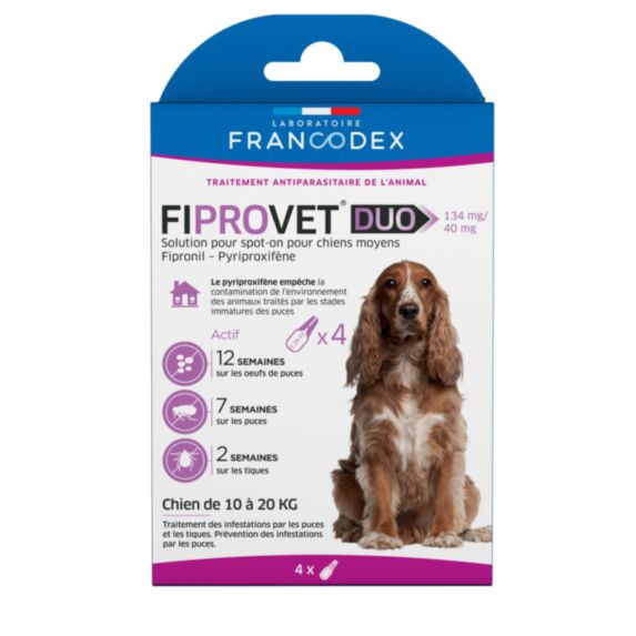 Pipettes antiparasitaires FIPROVET DUO Plastique x4 - FRANCODEX