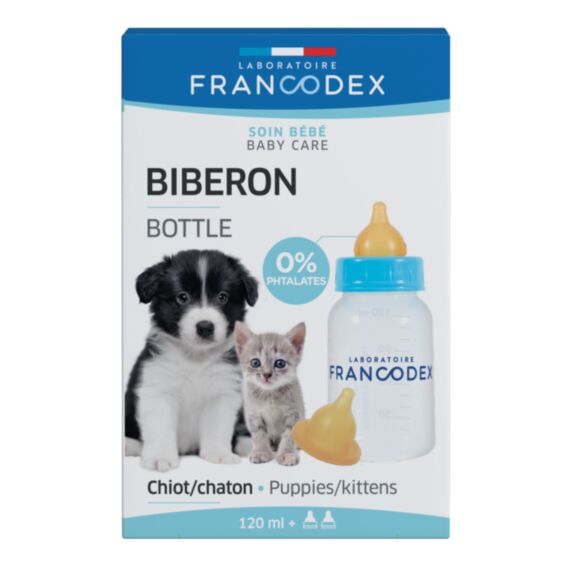 Biberon chiot-chaton 120ml et 2 tétines souple
