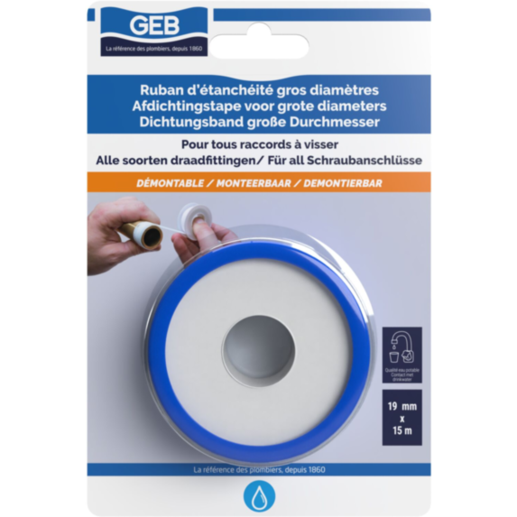 Ruban d'étanchéité PTFE gros diamètre 19 mm / blister - GEB