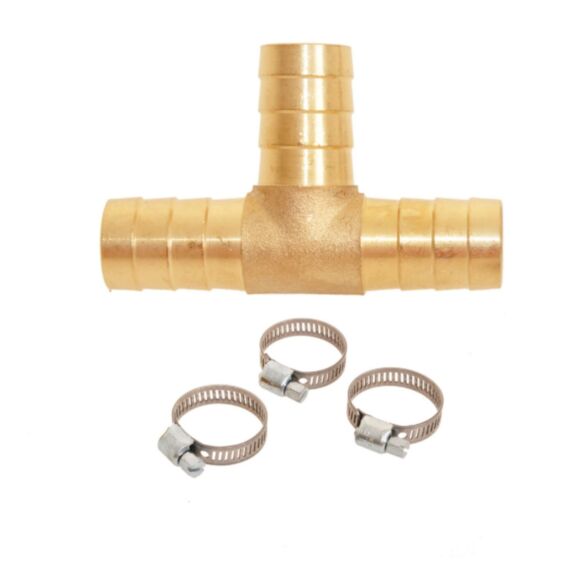 Té pour tuyau arrosage cannelé laiton Ø19mm + 3 colliers