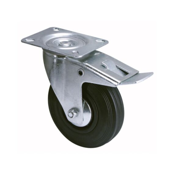 Roulette standard de manutention à platine pivotante à frein double blocage caoutchouc Ø125MM charge supportée 125 kg