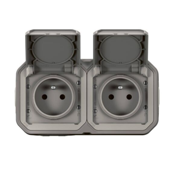 Double prise de courant horizontale avec volet Plexo complet saillie gris 16A - LEGRAND